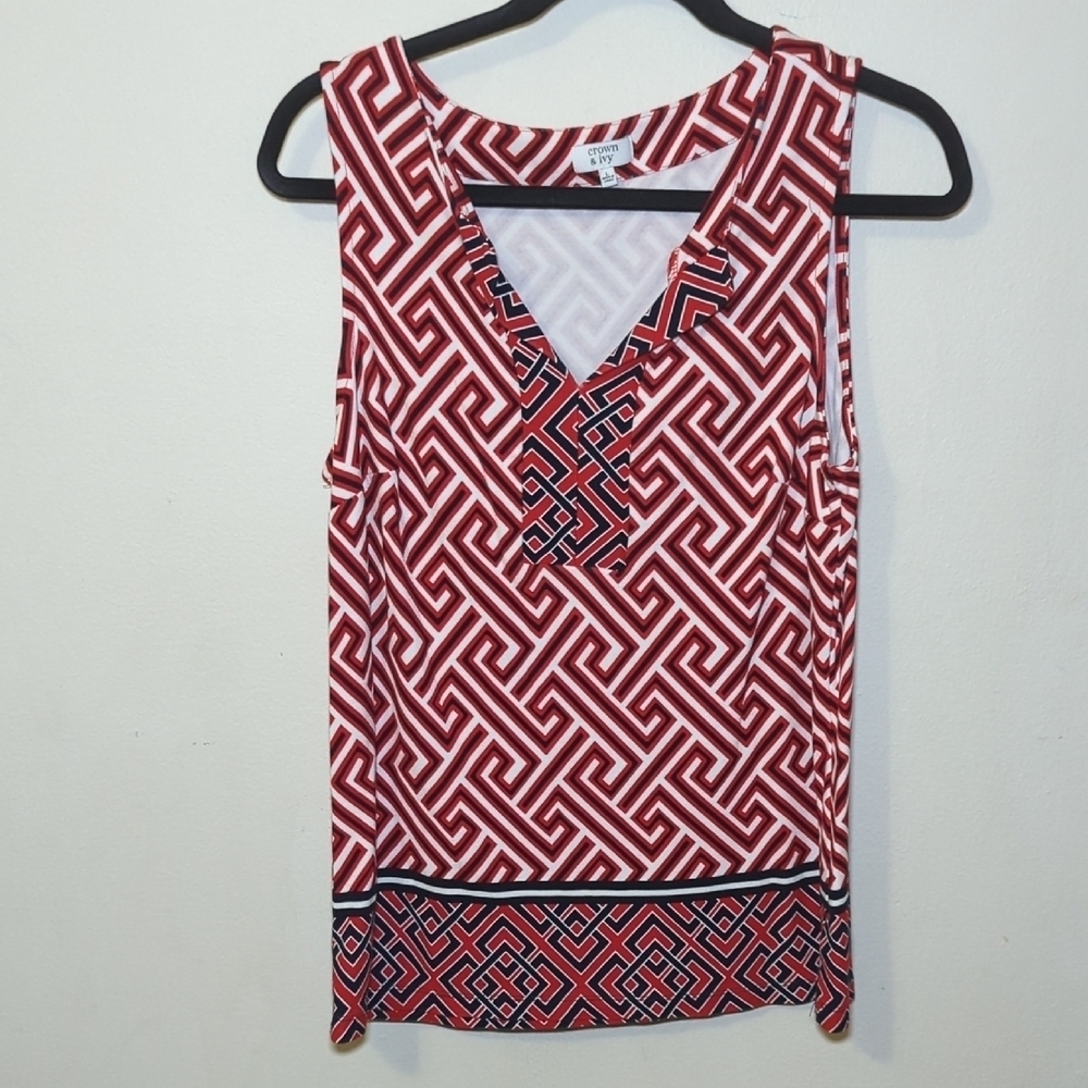 Crown & Ivy Geometric Red, White + Blue Sleeveless Top V-Neck Women's Size L